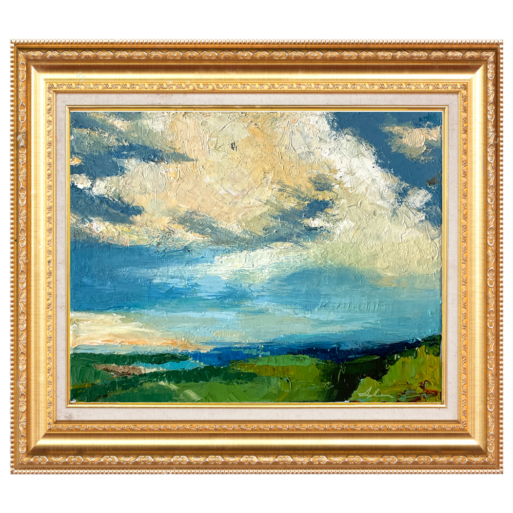 Landscape painting of dramatic billowing clouds in cream and gold over blue sky, with a band of green land and distant water along the horizon, by Canadian landscape artist Joanna Aplin.