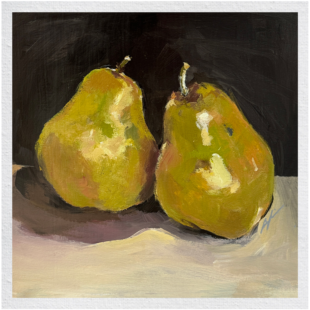 Still life painting of two golden-green pears resting side by side on a light surface against a deep dark background, rendered with rich tonal contrast, by Joanna Aplin, Owen Sound Ontario artist