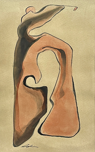 Indian ink on paper — a reductive standing figure rendered in warm terracotta and dark washes with flowing gestural lines, framed and matted, by Canadian figurative artist Joanna Aplin
