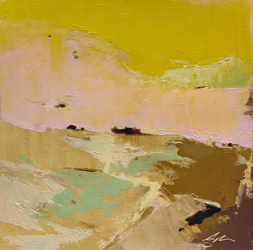 Acrylic on paper — small landscape painting with layers of bright yellow, soft pink, mint green, and warm brown tones suggesting an abstracted terrain, with expressive mark-making throughout, by Joanna Aplin, Canadian landscape artist.