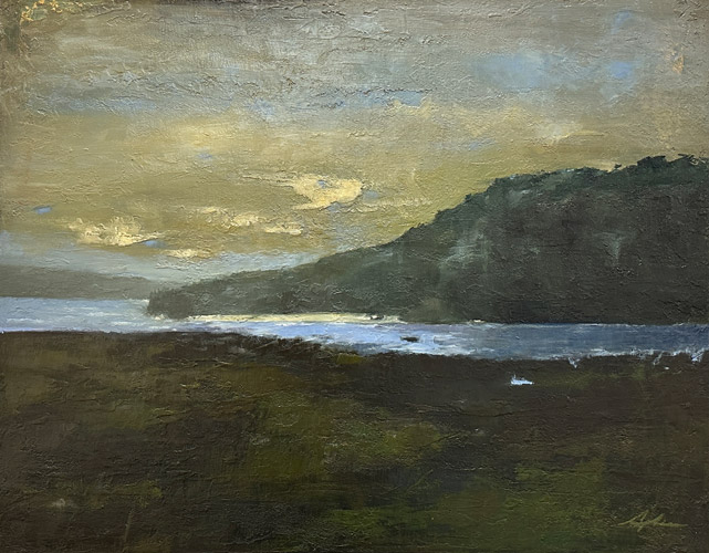 Landscape painting of a dark forested hillside meeting water under a golden and grey textured sky with rich earthy tones throughout, by Joanna Aplin, Owen Sound Ontario artist