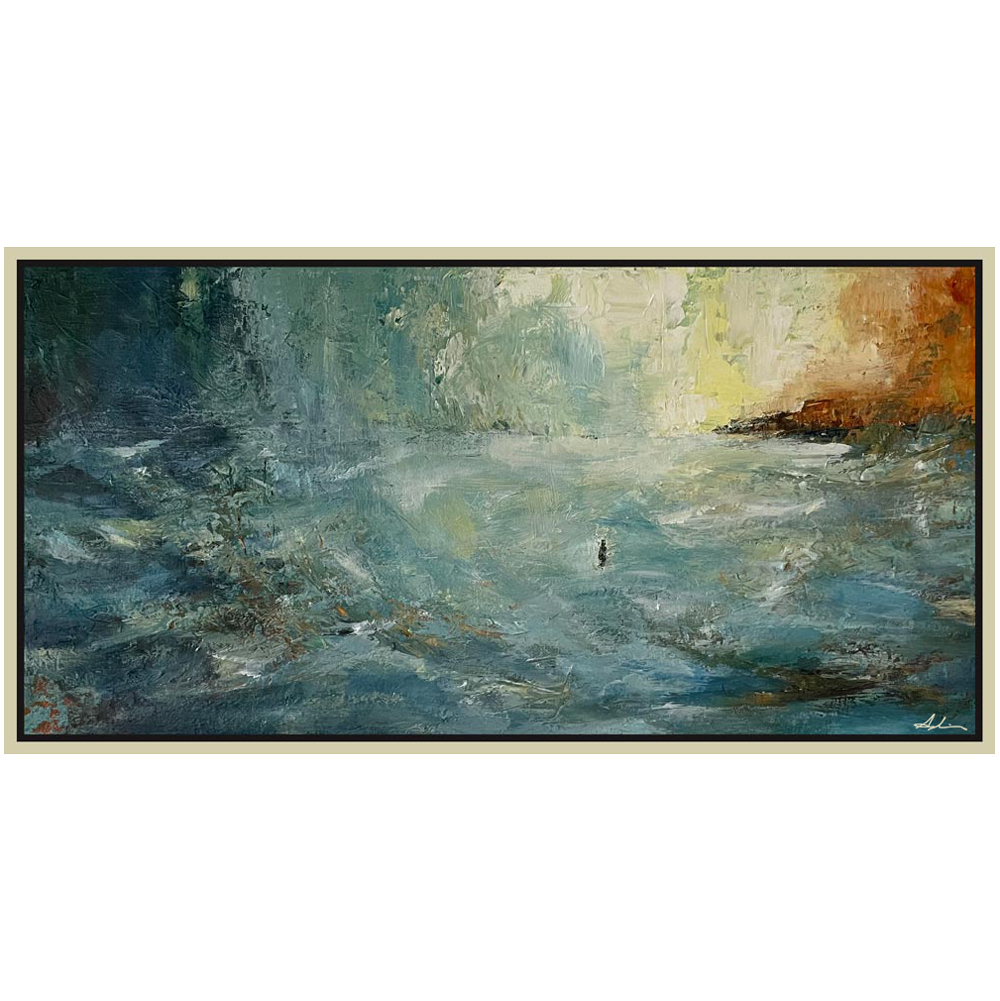 Painting of a vast expanse of textured teal and blue-green water with a small solitary figure at centre and warm light breaking through at upper right, shown in a float frame, by Canadian landscape artist Joanna Aplin