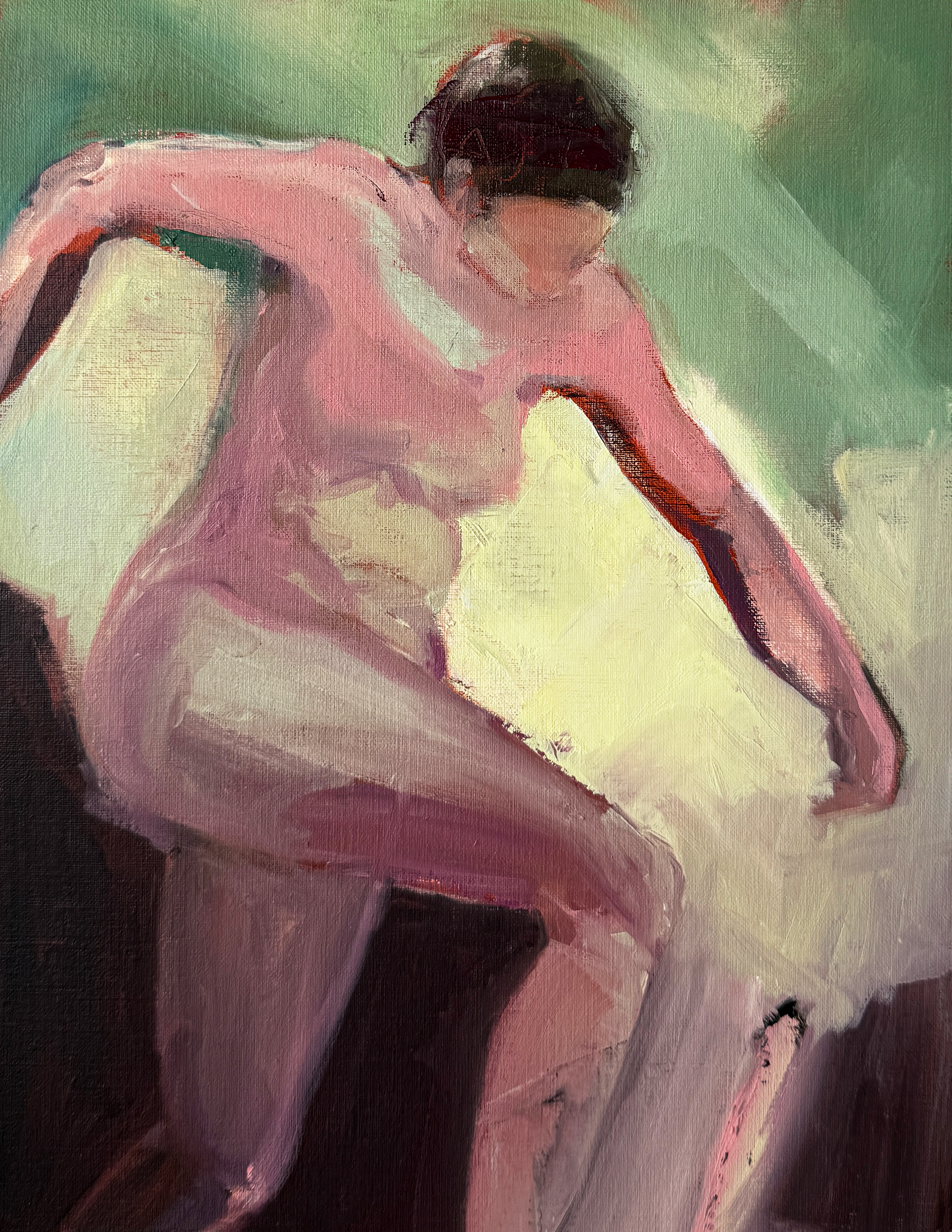 Seated nude figure leans forward with arms extended, painted in pink and mauve strokes against luminous yellow-green and charcoal.