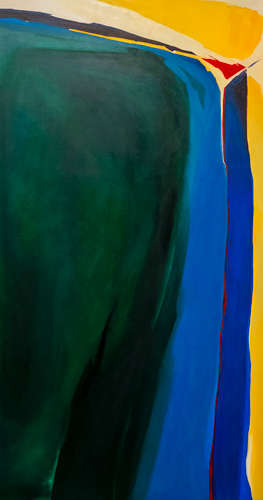 Oil on canvas abstract landscape of deep greens and blues with vertical bands of colour and a bright yellow sky, by Owen Sound artist Joanna Aplin.