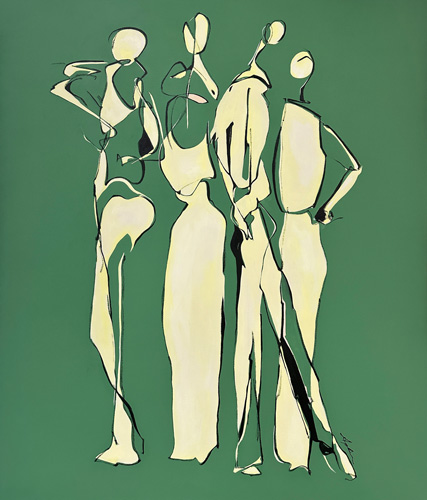 Mixed media on canvas — a group of elongated figures rendered in cream and pale yellow with fluid black outlines against a rich green background, by Joanna Aplin, Owen Sound Ontario artist