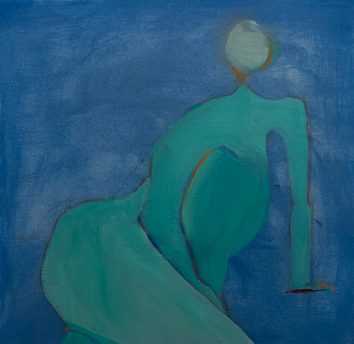Figurative painting of a seated figure in soft teals and greens with a subtle orange contour line against a deep blue ground, by fine artist Joanna Aplin, Owen Sound Ontario.