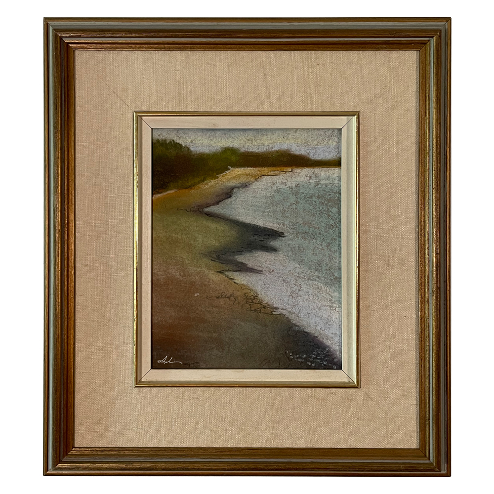 Landscape painting of a quiet curving beach with calm water meeting sandy earth tones, a distant dark treeline, and soft overcast sky, by Canadian landscape artist Joanna Aplin, Owen Sound Ontario.