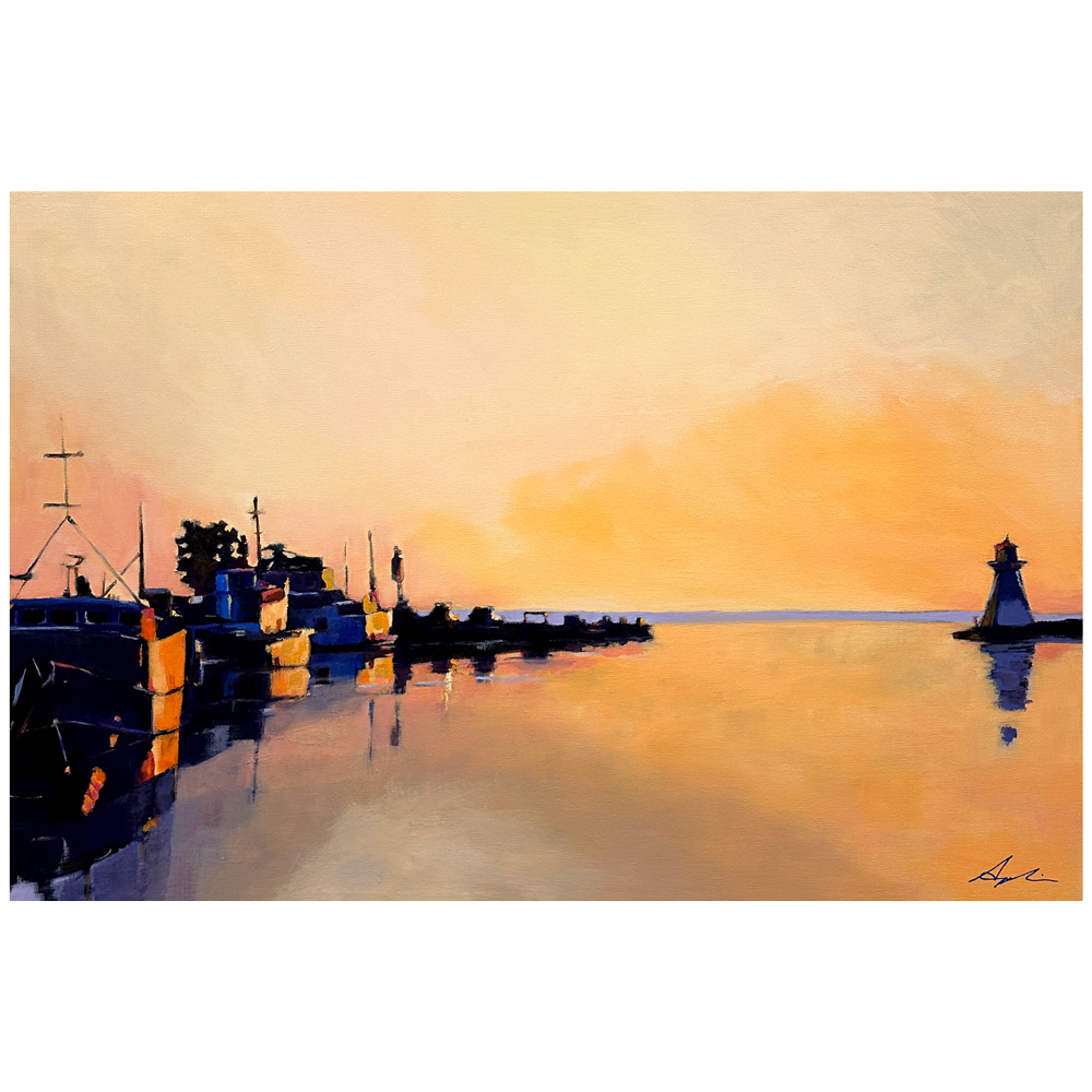 Landscape painting of a harbour at golden sunset with silhouetted boats and a small lighthouse, warm orange and peach light reflecting across calm water, by Joanna Aplin, Owen Sound Ontario artist