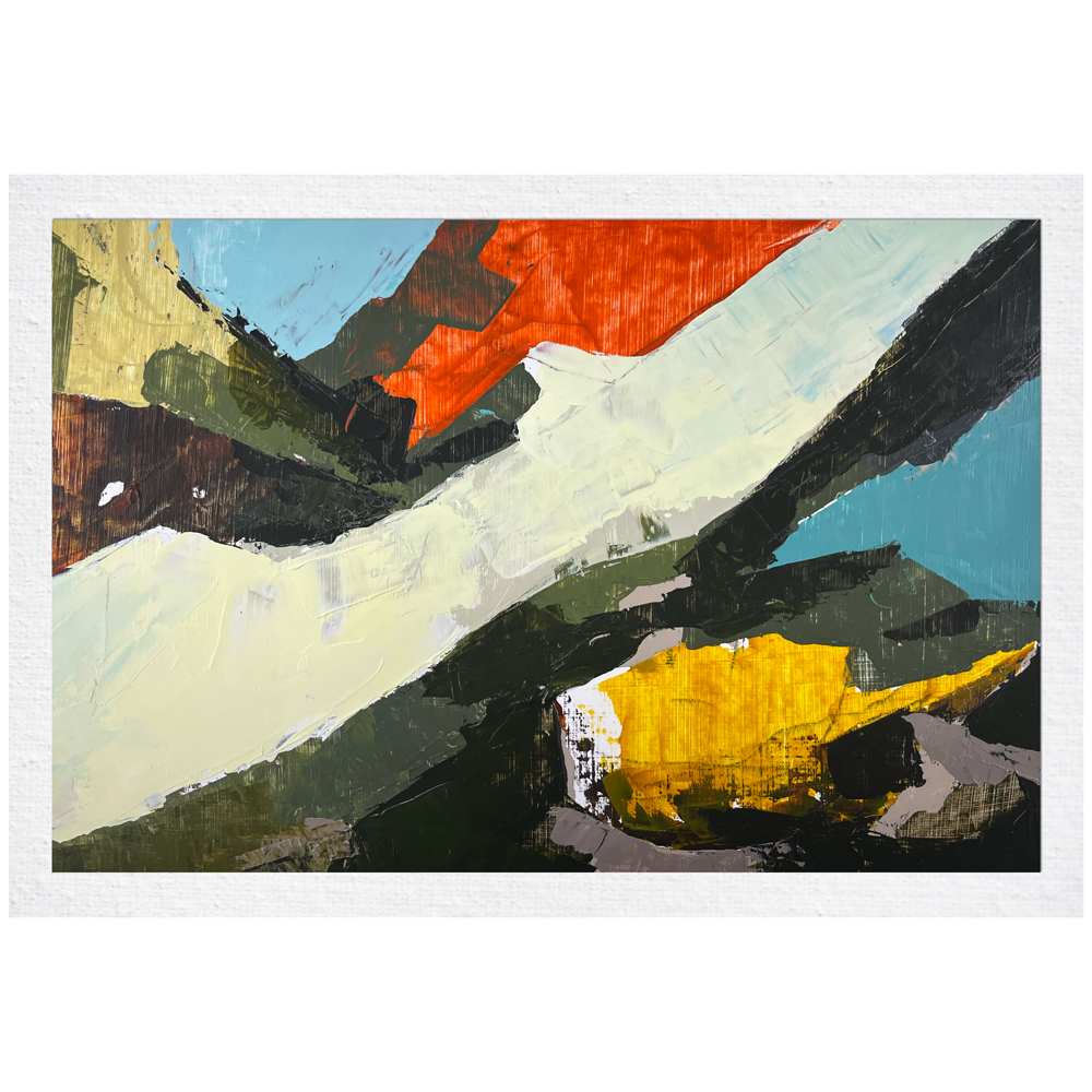 Landscape painting featuring dramatic angular shapes in vivid orange, sky blue, deep green, yellow, and cream with bold expressive mark-making, by Joanna Aplin, Canadian fine artist — presented in square format with white borders.