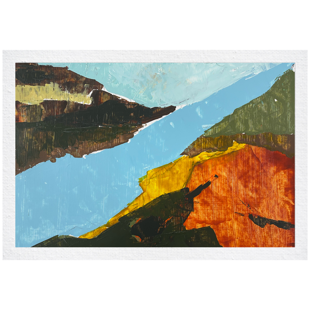 Landscape painting with bold, sweeping planes of orange, ochre, teal, and olive green suggesting dynamic terrain under a pale blue sky, by Joanna Aplin, Canadian landscape artist based in Owen Sound Ontario.