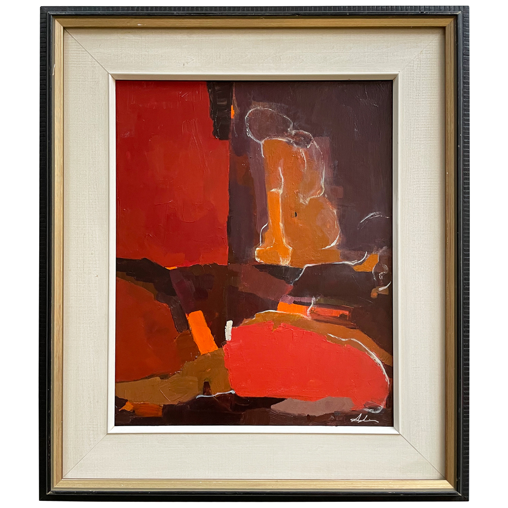 Figurative painting in deep reds, burnt orange, and brown tones depicting an abstracted seated figure with a warm, contemplative mood and bold colour contrasts, by Joanna Aplin, Canadian artist.