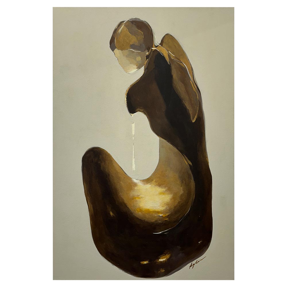 Figurative painting of a kneeling figure with bowed head in deep brown and golden tones against a pale cream background, conveying contemplation and reverence, by fine artist Joanna Aplin
