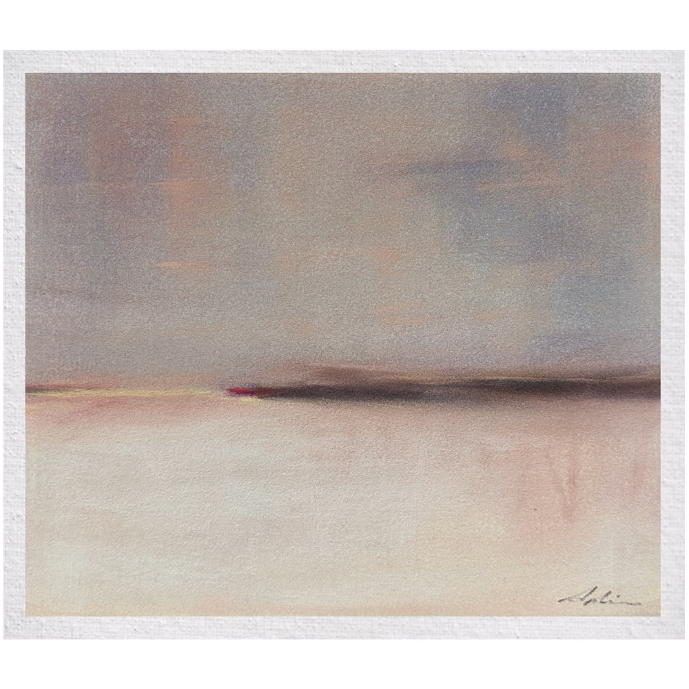 Pastel on paper — a minimal atmospheric landscape in soft mauves, pinks, and greys with a distant horizon and a small touch of red, evoking stillness and quiet light, by fine artist Joanna Aplin