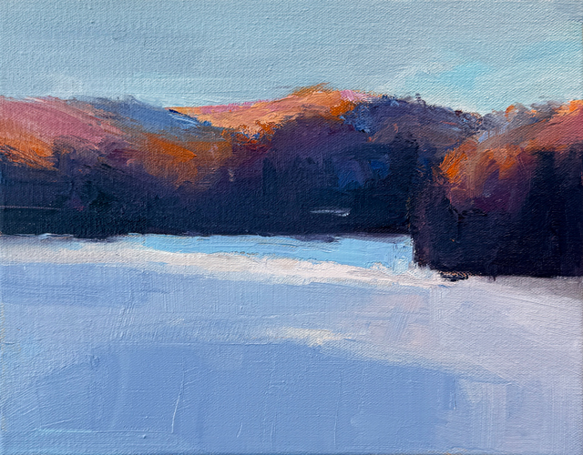 Oil on canvas landscape painting of a frozen lake with deep purple and orange-tinted hills reflected in cool blue and lavender tones, by Owen Sound artist Joanna Aplin.