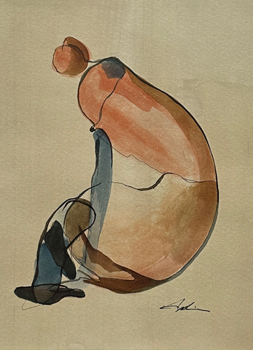 Indian ink on paper — a crouching figure with hair gathered up, painted in warm peach and blue-grey washes with expressive minimal line work, framed and matted, by Georgian Bay artist Joanna Aplin