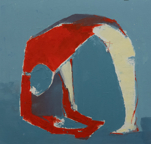 Figurative painting of an arched figure in bold red and cream forming a bridge-like shape against a muted blue background, by Canadian figurative artist Joanna Aplin.