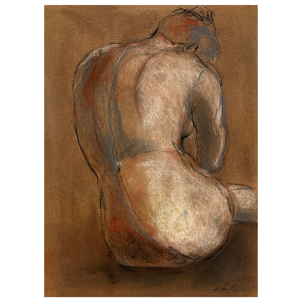 Figure study of a seated form viewed from behind, rendered in soft pastel tones of pink, grey, blue, and red on warm brown toned paper, by Joanna Aplin, Georgian Bay artist