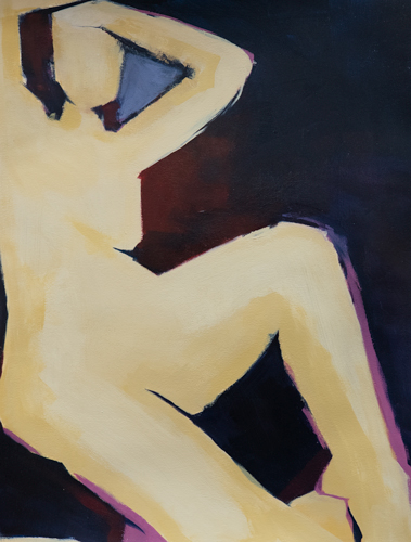 Figurative painting of a reclining figure in warm golden tones with deep navy and maroon shadows accented by a hint of pink, by Canadian fine artist Joanna Aplin.