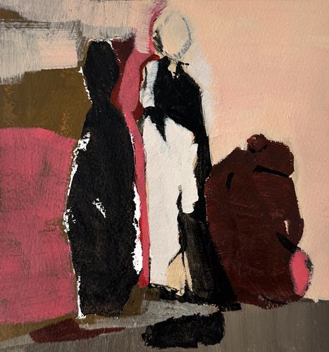 Figurative painting of two standing figures and a seated figure in black, white, deep red, and pink tones against a warm peach background, by Joanna Aplin, Canadian figurative artist