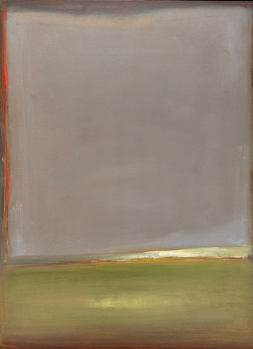 Abstract landscape with a vast soft grey sky above a green field, separated by a thin pale horizon line with a warm orange edge at left, by Joanna Aplin, Canadian artist