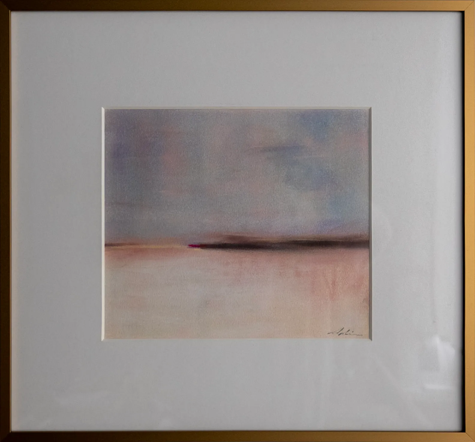 Pastel on paper — a minimal atmospheric landscape in soft mauves, pinks, and greys with a distant horizon and a small touch of red, evoking stillness and quiet light, by fine artist Joanna Aplin