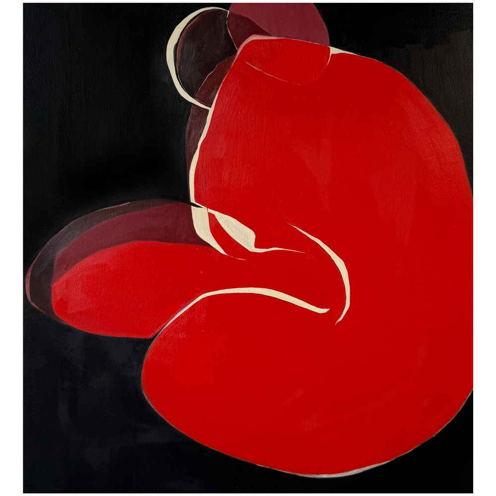 Oil on canvas figurative painting of a curled figure in bold red with subtle cream highlights against a deep black background, by Owen Sound artist Joanna Aplin.