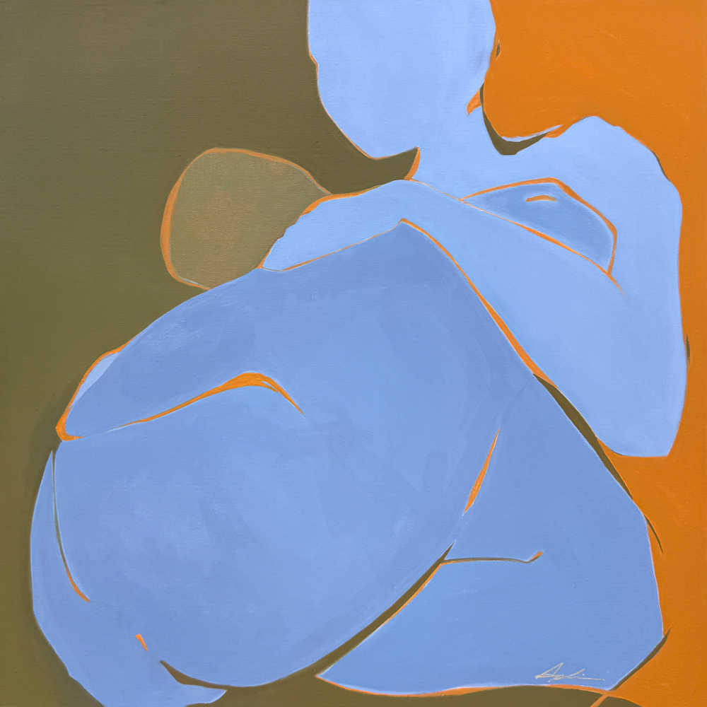 Figurative painting of two embracing figures in soft periwinkle blue with orange contour lines against a split olive and orange background, by Georgian Bay artist Joanna Aplin.