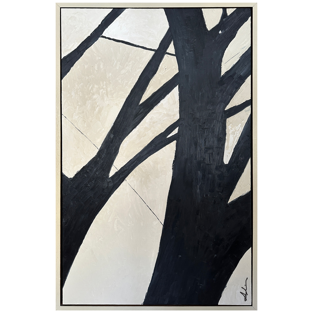 Painting of a dark tree trunk and branches silhouetted in bold graphic form against a textured cream background, shown in a float frame, by Joanna Aplin, Georgian Bay artist