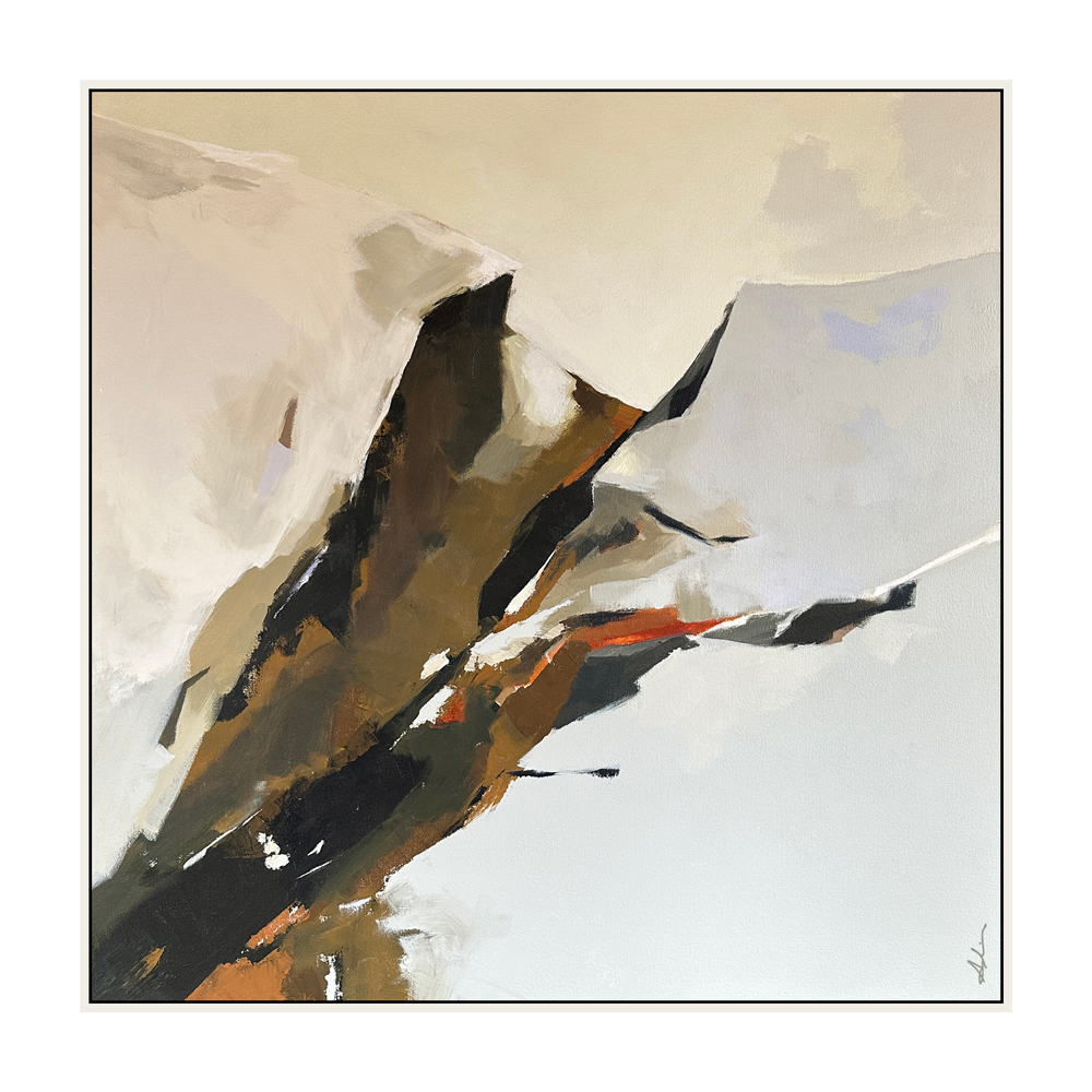 Abstract painting of angular dark olive and ochre forms with a flash of orange cutting diagonally through a pale cream and lavender ground, shown in a float frame, by Joanna Aplin, Georgian Bay artist