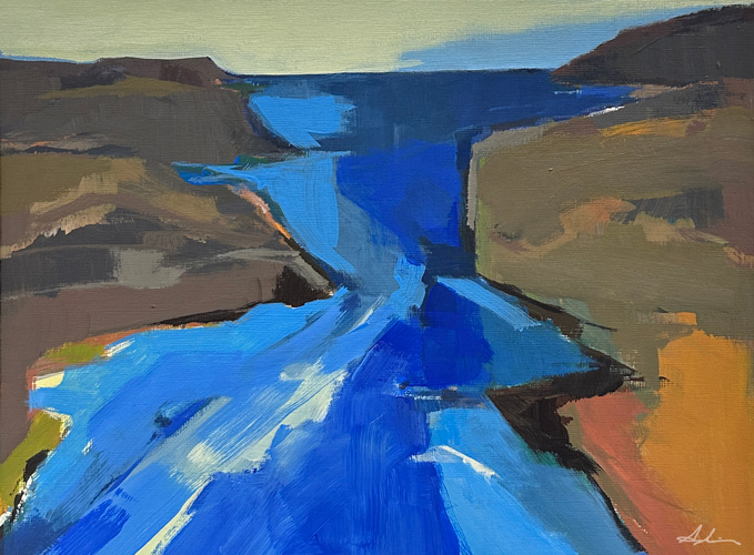 Landscape painting of a vivid blue river cutting through earthy brown and ochre terrain under a pale sky, with bold expressive brushwork by Joanna Aplin, Canadian landscape artist