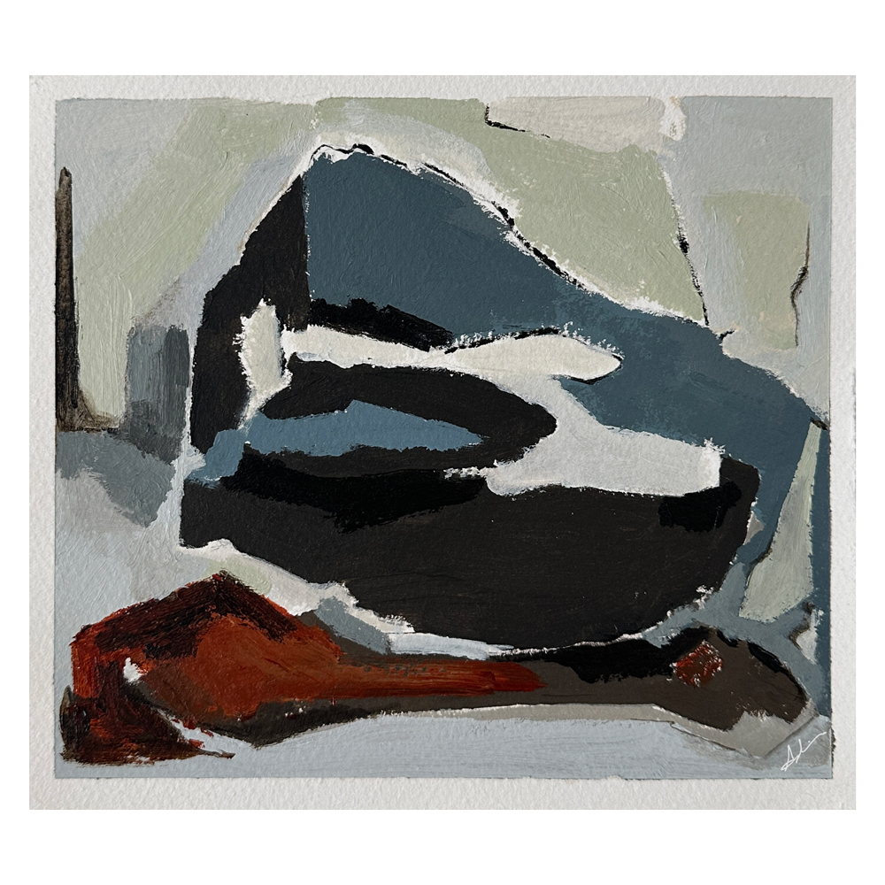Figurative study of a curled figure rendered in muted blues, greys, black, and a warm red-brown accent, with bold angular shapes against a soft sage background, by Joanna Aplin, Canadian figurative artist