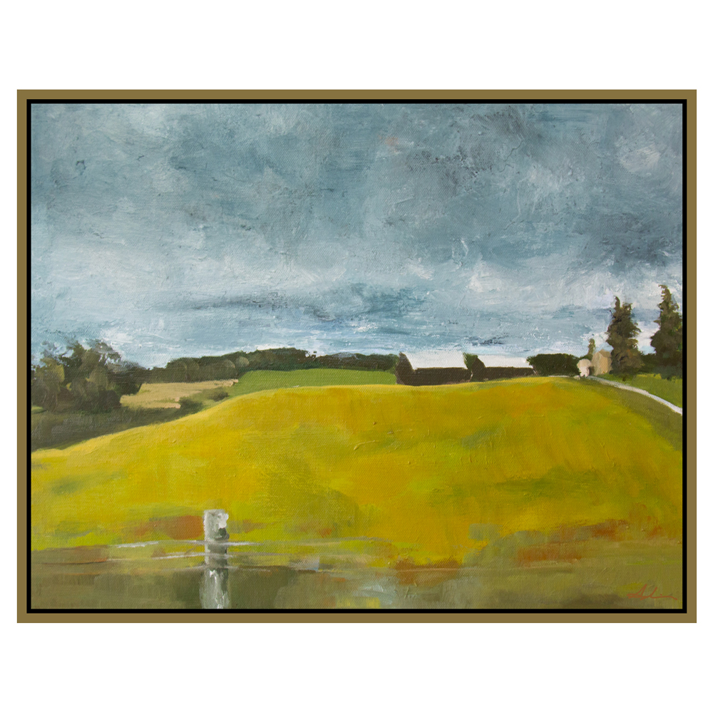 Landscape painting of a sweeping yellow-green hillside under a moody grey sky, with distant trees, farmstead, and a small pond in the foreground, displayed in a float frame, by fine artist Joanna Aplin.