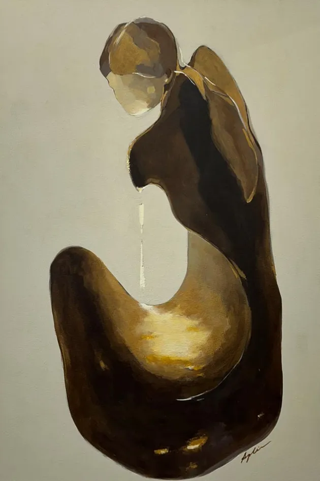 Figurative painting of a kneeling figure with bowed head in deep brown and golden tones against a pale cream background, conveying contemplation and reverence, by fine artist Joanna Aplin