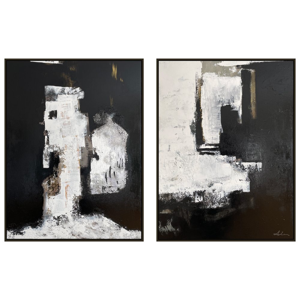 Abstract figurative work of two pale forms emerging from a dark background in white, grey, and taupe with rich textural surface and traces of collage, by Canadian figurative artist Joanna Aplin