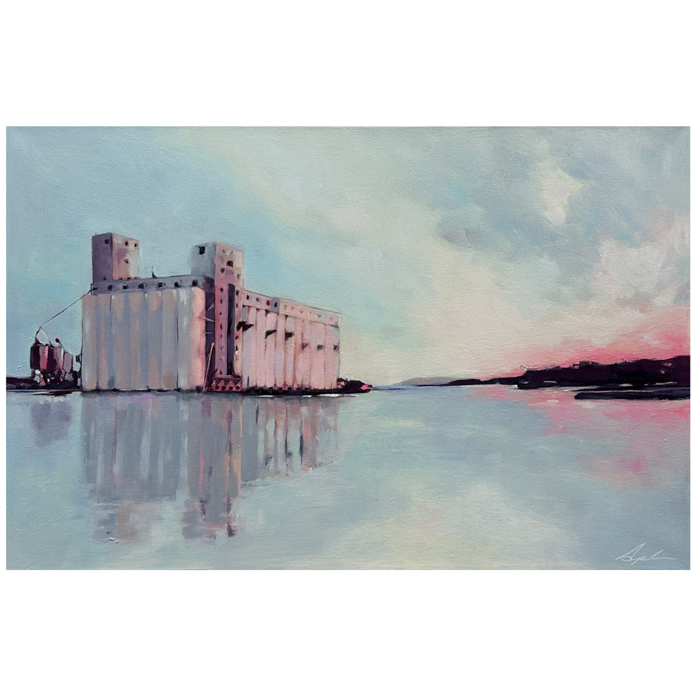 Landscape painting of a large grain elevator reflected in calm harbour water under a pale sky with soft pink light at the horizon, by Joanna Aplin, Owen Sound Ontario artist