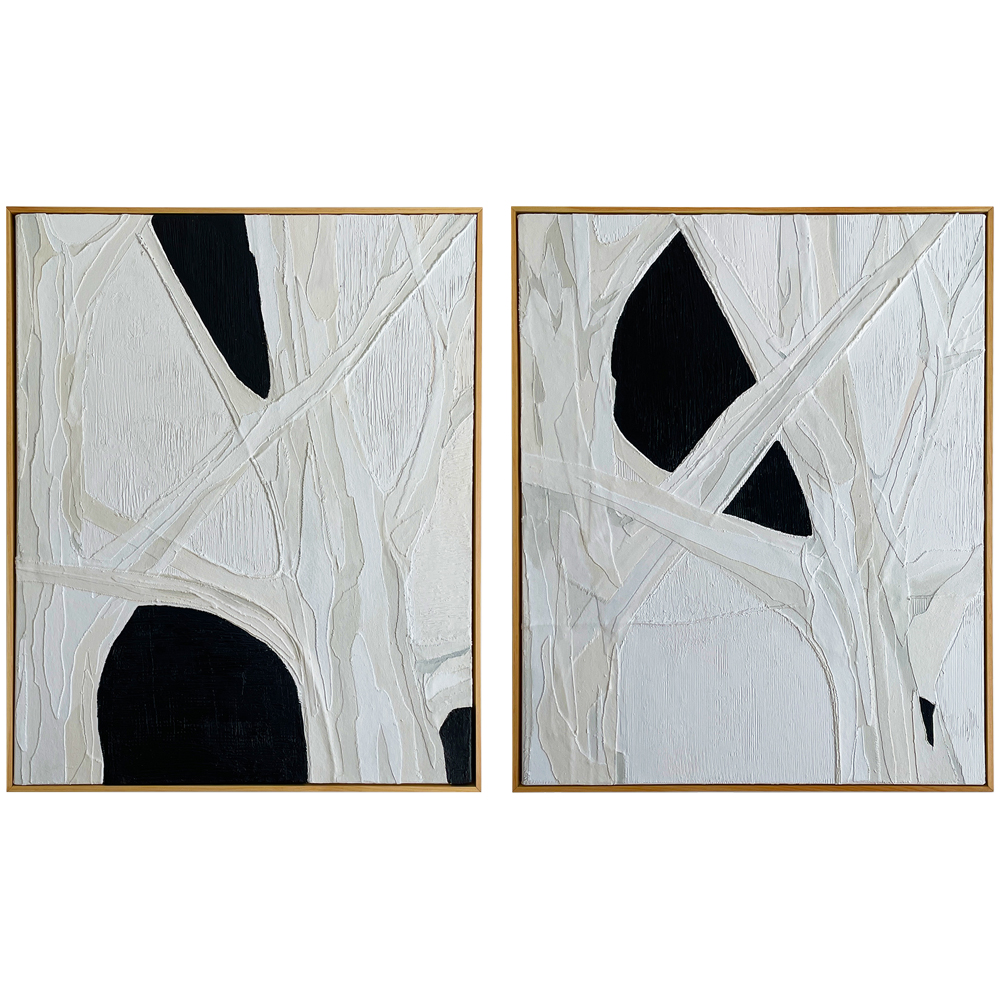 Diptych of two abstract paintings featuring white intersecting branch-like forms against black negative spaces with rich surface texture, shown in gold float frames, by Joanna Aplin, Canadian artist