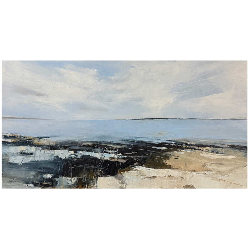 Landscape painting of a calm winter shoreline with expansive pale sky above still blue water, dark rocky foreground with expressive mark-making, and sandy beach stretching to the horizon, by Canadian landscape artist Joanna Aplin, Georgian Bay.