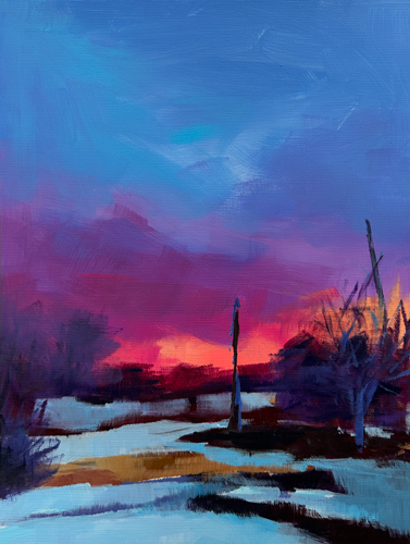 Landscape painting of a vivid winter sunset with magenta and red clouds blazing above a blue and purple snow-covered ground with bare trees and a lone post, by Joanna Aplin, Georgian Bay artist