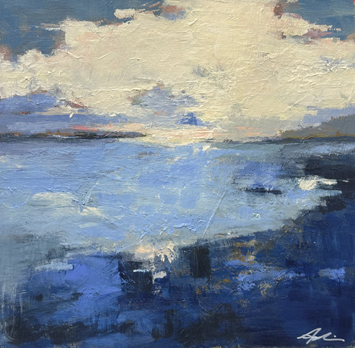 Acrylic on paper — an atmospheric seascape of deep blue water beneath layered white and grey clouds with expressive brushwork throughout, by Joanna Aplin, Georgian Bay artist