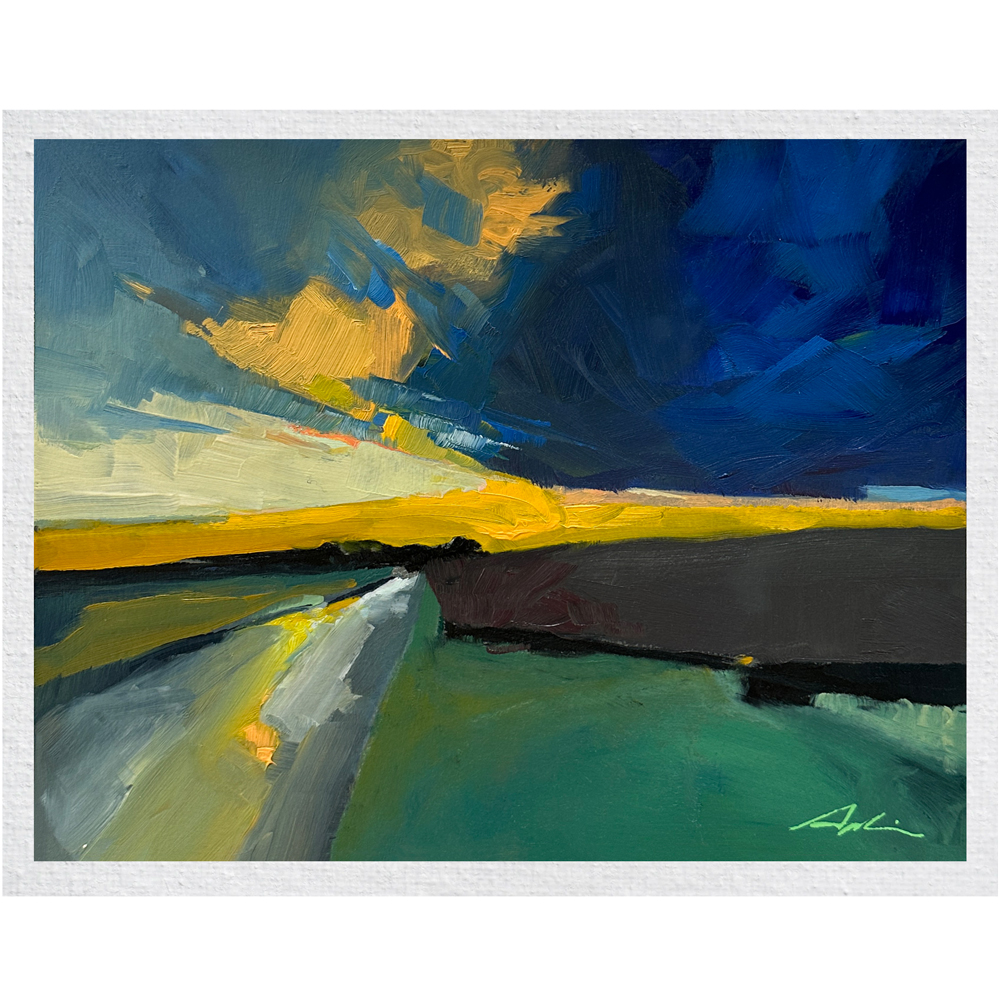 Landscape painting of a dramatic deep blue sky with golden clouds above a road cutting through green and dark brown fields, painted with bold confident brushwork, by Joanna Aplin, Canadian landscape artist