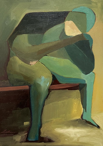Figurative painting of a hunched seated figure resting on a bench, rendered in layered greens and teals with angular geometric forms against a muted olive and gold background, by fine artist Joanna Aplin