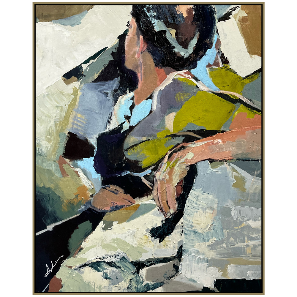 Figurative painting of a seated figure leaning forward with hands resting together, built from layered planes of light blue, chartreuse, peach, and dark tones with expressive mark-making, displayed in a gold float frame, by fine artist Joanna Aplin, Owen Sound Ontario.