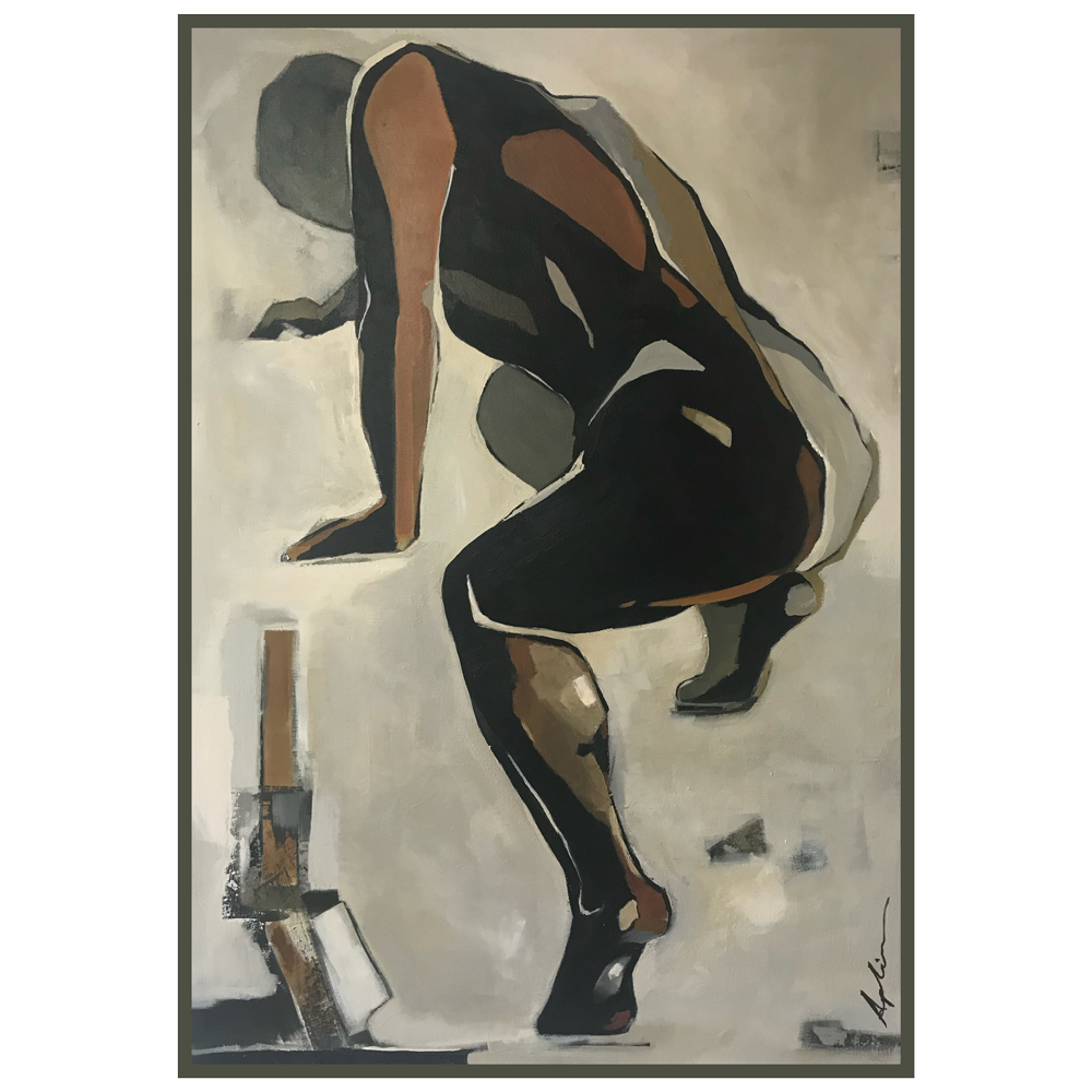Figurative painting of a crouching figure rendered in bold black, grey, and warm brown tones against a pale neutral background, conveying strength and tension through reductive form, by Joanna Aplin, Canadian artist.