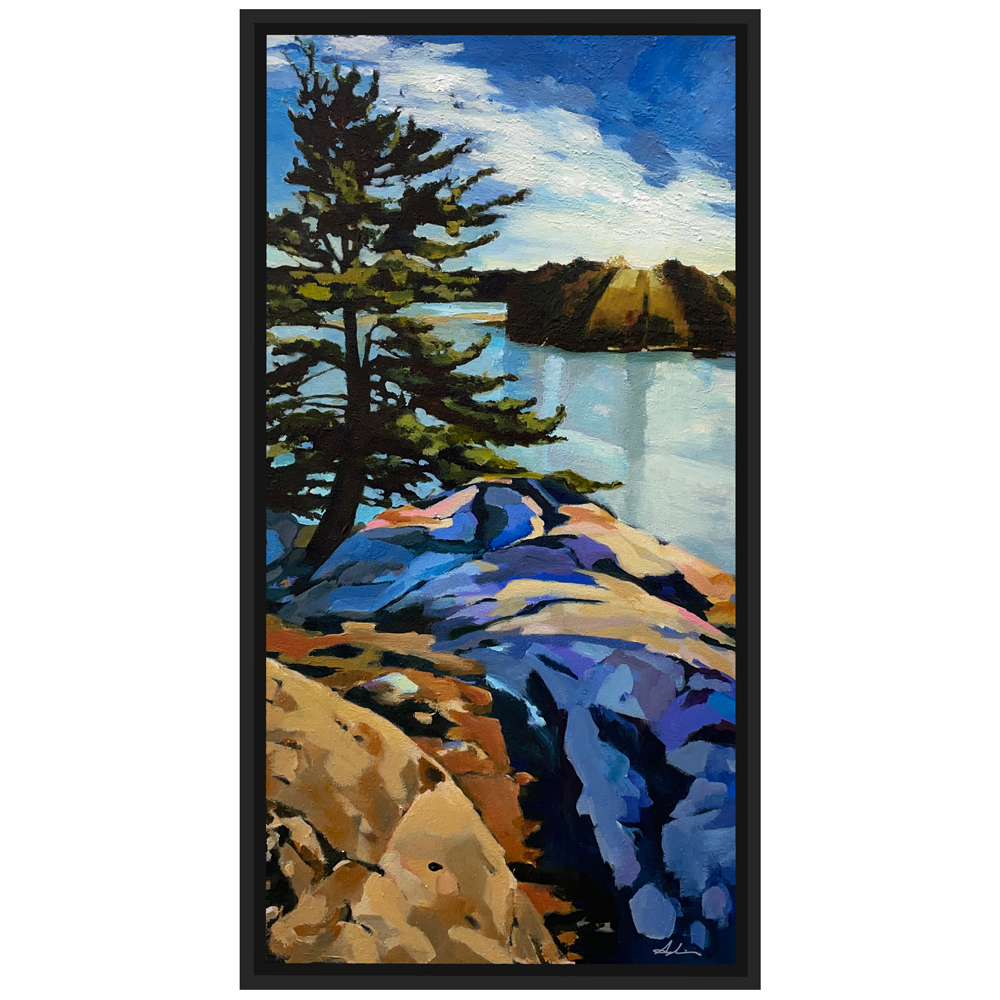 Tall landscape painting of a windswept pine tree on rocky Georgian Bay shoreline with sunlight breaking over distant hills and reflections on calm water, by Joanna Aplin, Georgian Bay artist