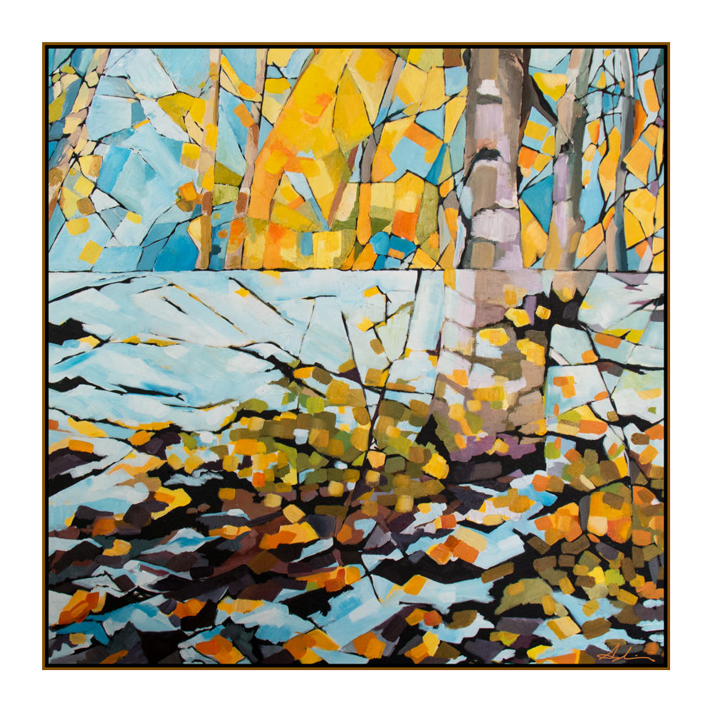 Vibrant landscape painting of birch trees amid golden autumn leaves and fresh snow, rendered in a mosaic-like pattern of yellows, oranges, and cool blues, by figurative artist Joanna Aplin, framed in a float frame.
