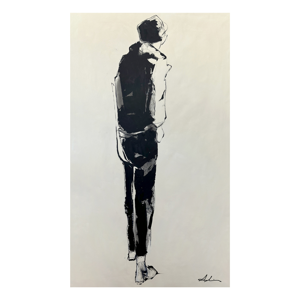 Acrylic on paper — a tall standing figure rendered in bold black and white with gestural brushstrokes against a pale cream background, capturing quiet poise, by figurative artist Joanna Aplin