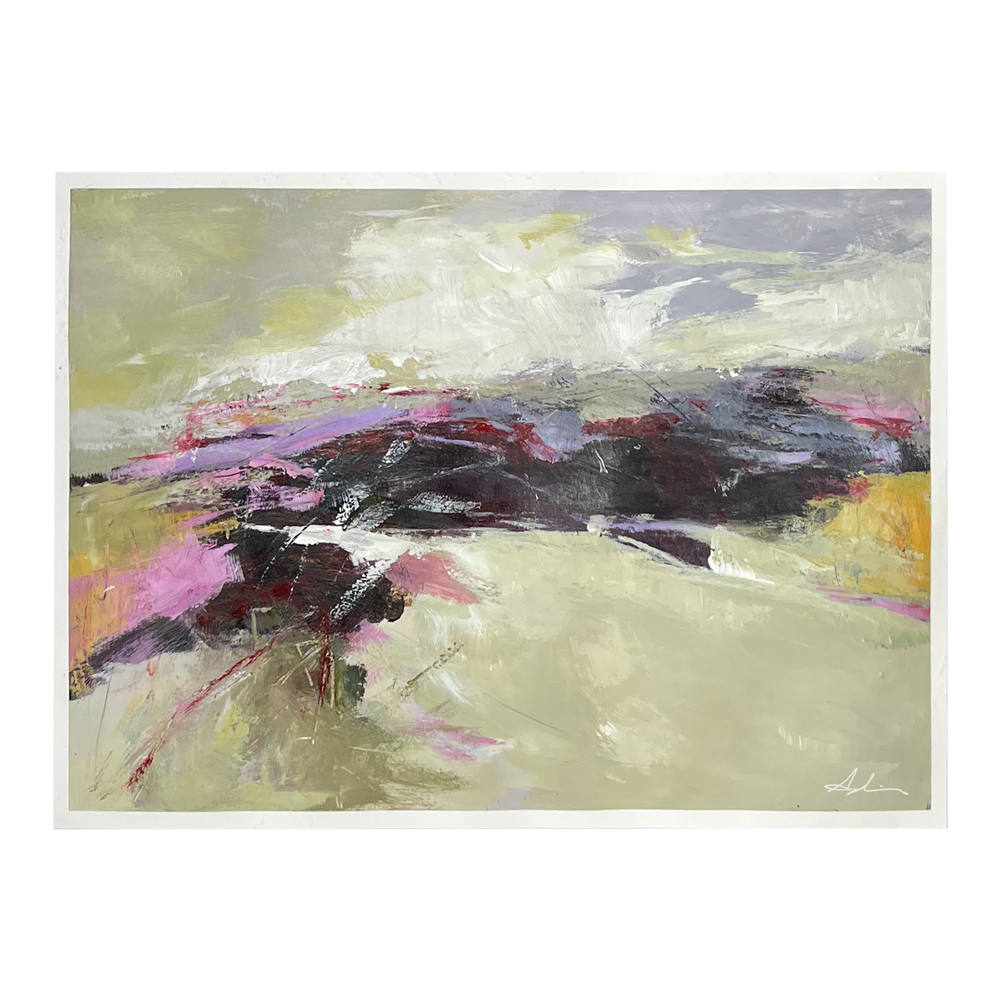 Abstract landscape painting with sweeping strokes of pink, burgundy, and grey across a pale yellow-green ground, evoking a windswept terrain with expressive energy, by Joanna Aplin, Owen Sound artist