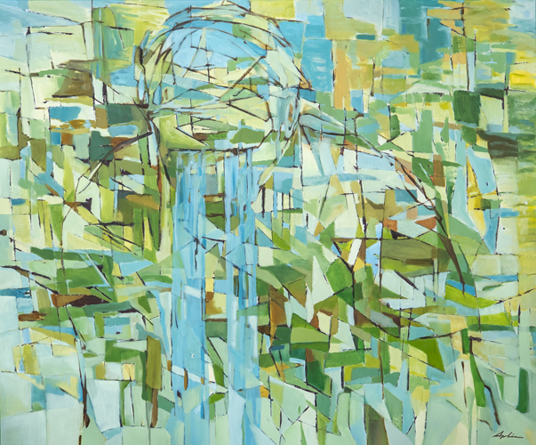 Abstract portrait-like figure emerges through a mosaic of pale turquoise, green and yellow rectangles crossed by loose dark lines.