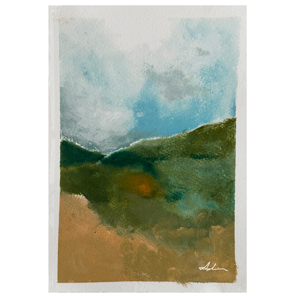 Small landscape painting of soft green rolling hills with a golden accent nestled in the valley beneath a hazy blue and grey sky, by Joanna Aplin, Owen Sound Ontario artist