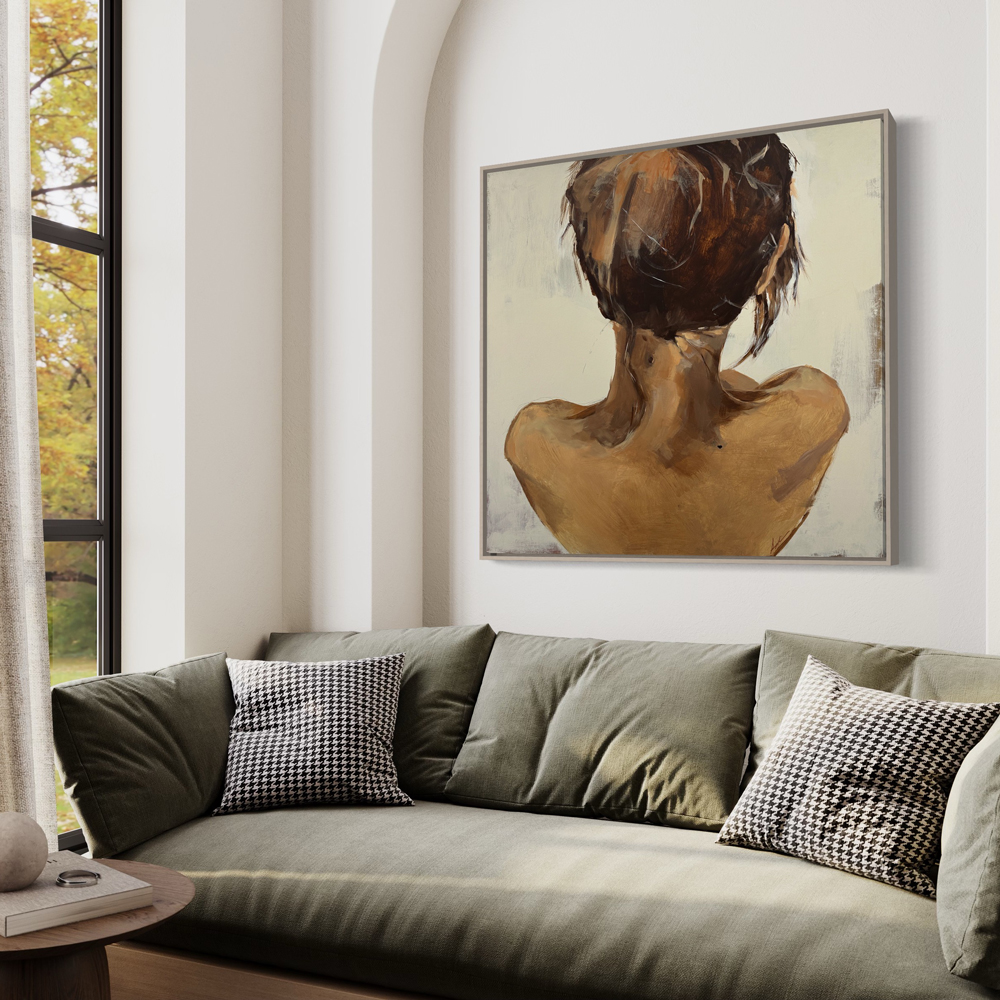 Figurative painting of a woman viewed from behind, showing her neck, shoulders, and gathered brown hair, rendered in warm golden skin tones against a pale ground, shown in a float frame, by fine artist Joanna Aplin